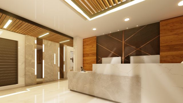 Contemporary Office reception with stone finish table